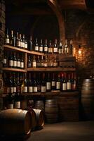 tasty wine arranged on table and the shelf in wine cellar background photo