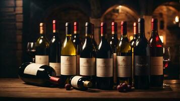 tasty wine arranged on table and the shelf in wine cellar background photo