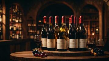 tasty wine arranged on table and the shelf in wine cellar background photo