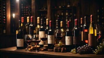 tasty wine arranged on table and the shelf in wine cellar background photo