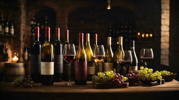 tasty wine arranged on table and the shelf in wine cellar background photo