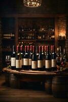 tasty wine arranged on table and the shelf in wine cellar background photo