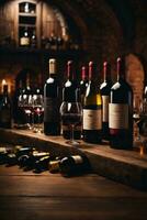 tasty wine arranged on table and the shelf in wine cellar background photo