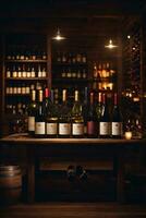 tasty wine arranged on table and the shelf in wine cellar background photo