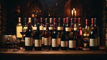 tasty wine arranged on table and the shelf in wine cellar background photo