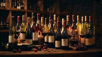 tasty wine arranged on table and the shelf in wine cellar background photo