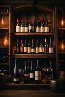 tasty wine arranged on table and the shelf in wine cellar background photo