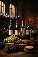 tasty wine arranged on table and the shelf in wine cellar background photo