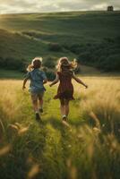 photo child chasing each other on green field