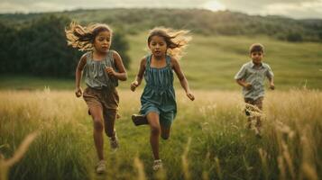 photo child chasing each other on green field