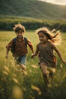 photo child chasing each other on green field