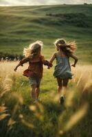 photo child chasing each other on green field