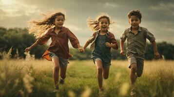 foto niño persiguiendo cada otro en verde campo