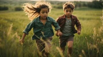 foto niño persiguiendo cada otro en verde campo