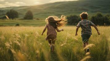 photo child chasing each other on green field