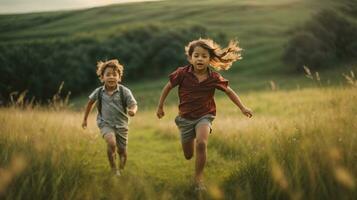 photo child chasing each other on green field