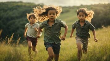 photo child chasing each other on green field