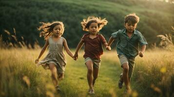 foto niño persiguiendo cada otro en verde campo