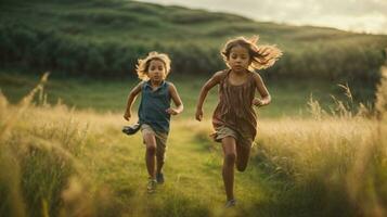 photo child chasing each other on green field