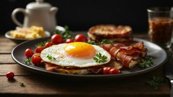 photo bacon and egg breakfast on wooden table