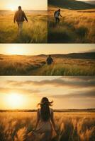 people spent time in grass field at sunset photo