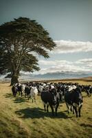 herd cows on new zealand grass field photo