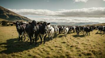 herd cows on new zealand grass field photo