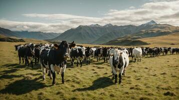 herd cows on new zealand grass field photo