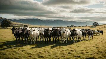 herd cows on new zealand grass field photo