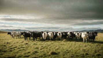 herd cows on new zealand grass field photo