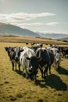 herd cows on new zealand grass field photo