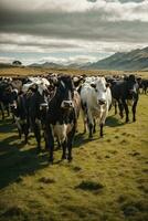 herd cows on new zealand grass field photo