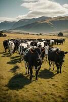 herd cows on new zealand grass field photo