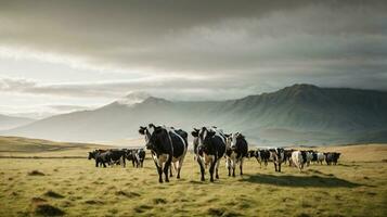 herd cows on new zealand grass field photo