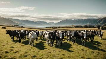 herd cows on new zealand grass field photo