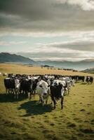 herd cows on new zealand grass field photo