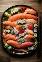 delicious sushi on wooden plate photo