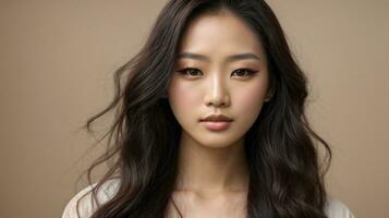 beautiful long hair korean woman wearing make up photo