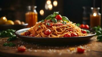 delicioso auténtico italiano espaguetis en plato foto