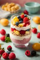 photo delicious parfait on pastel background