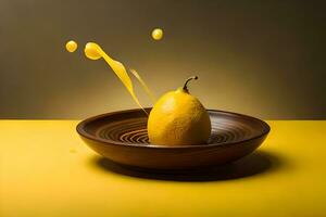 lemon fruit as dripping art in a colorful yellow background photo