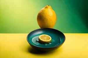 lemon fruit as dripping art in a colorful yellow background photo