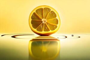 lemon fruit as dripping art in a colorful yellow background photo