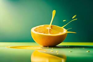 lemon fruit as dripping art in a colorful yellow background photo