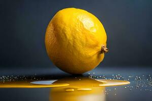 lemon fruit as dripping art in a colorful yellow background photo