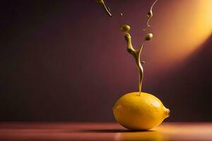 lemon fruit as dripping art in a colorful yellow background photo