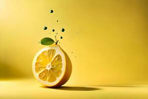 lemon fruit as dripping art in a colorful yellow background photo