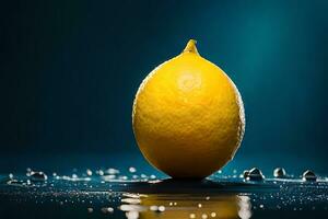 lemon fruit as dripping art in a colorful yellow background photo