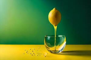 lemon fruit as dripping art in a colorful yellow background photo