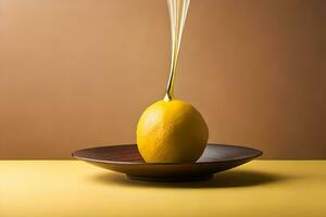 lemon fruit as dripping art in a colorful yellow background photo